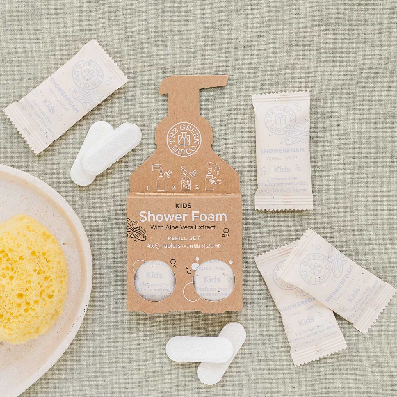 Kids Shower Foam refill set by The Green Lab Co—perfume-free tablets on a light green background.